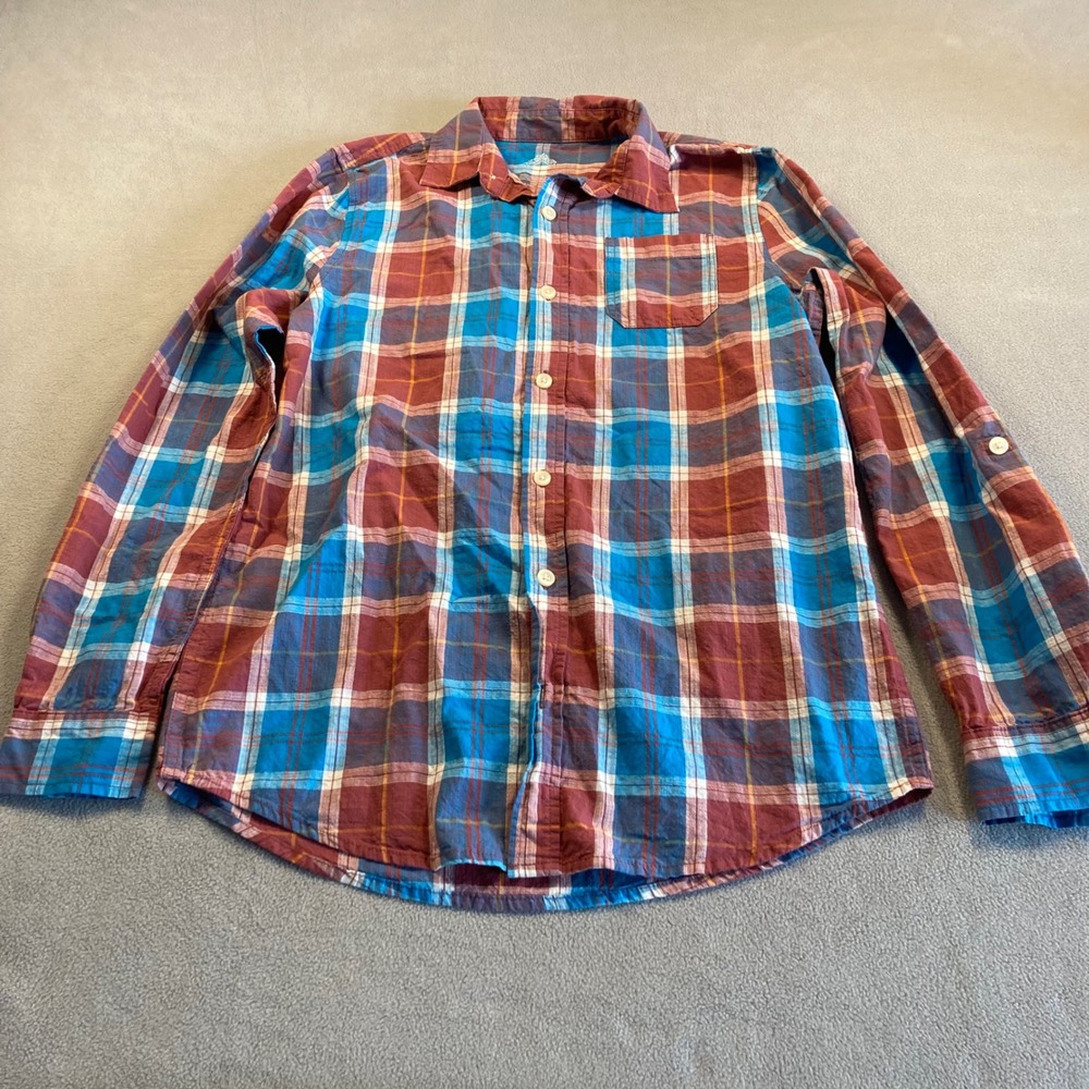 Thereabouts Button-Down Shirt Boys Extra Large Blue Maroon Plaid No Stretch
